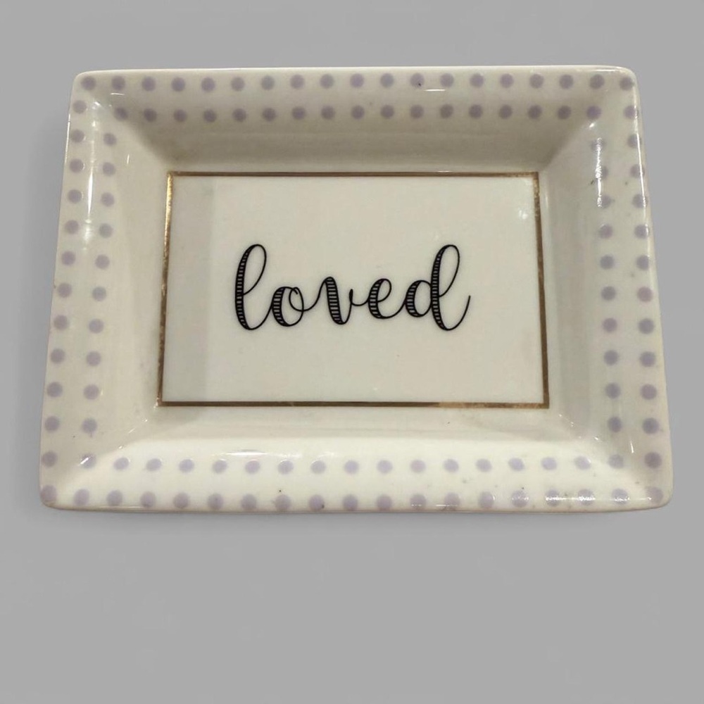 Ceramic Jewelry Trinket Tray - White Black Lavender “Loved” Gifting